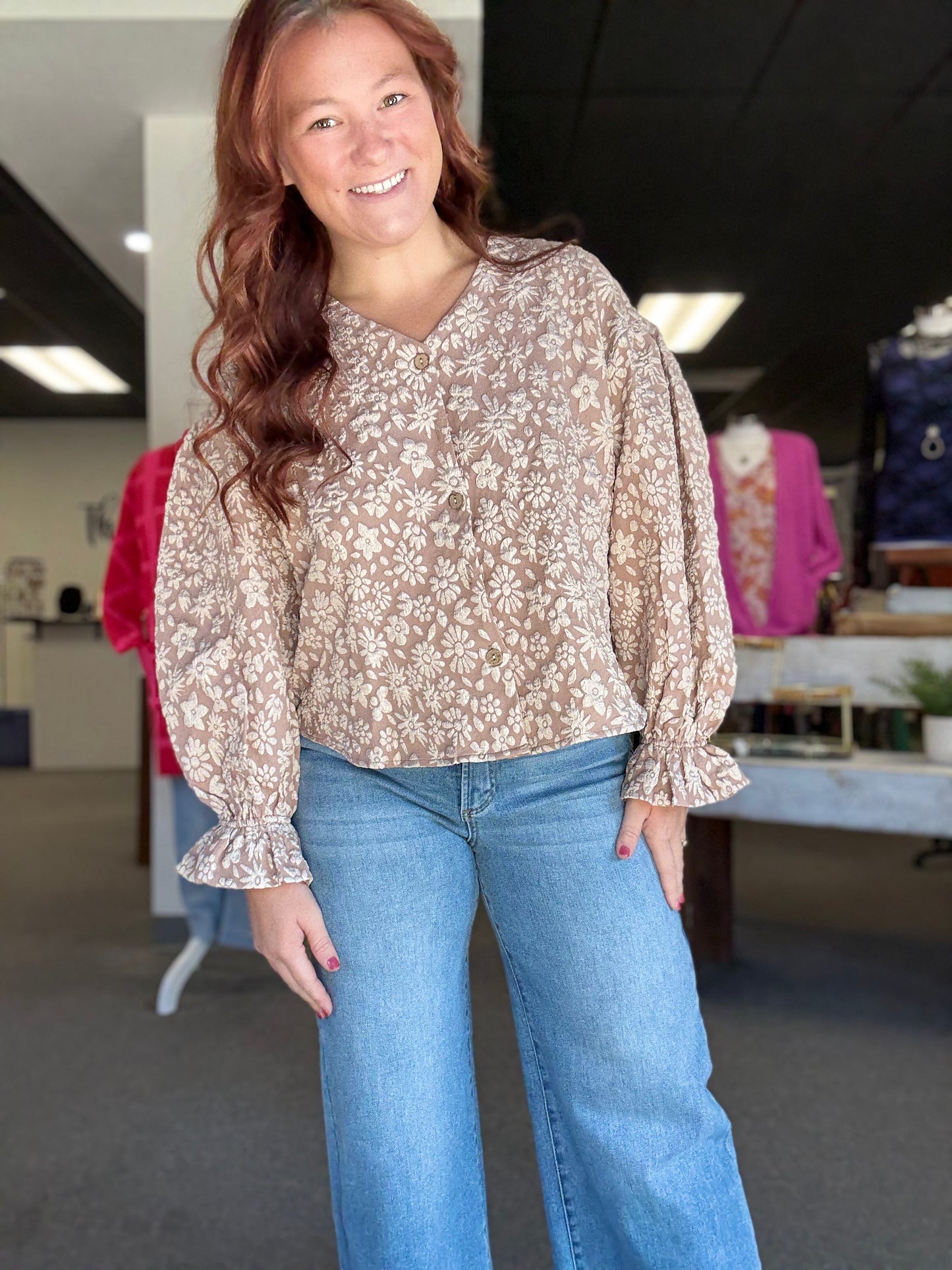 Brown Ruffle Sleeve Blouse