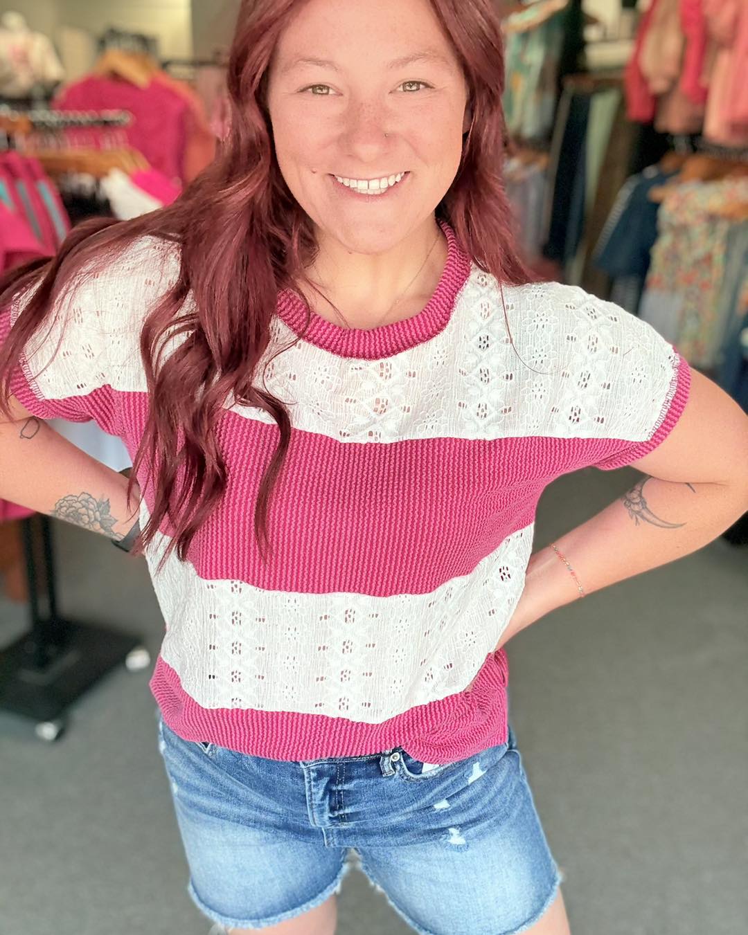 Rib Lace Contrast Short Sleeve