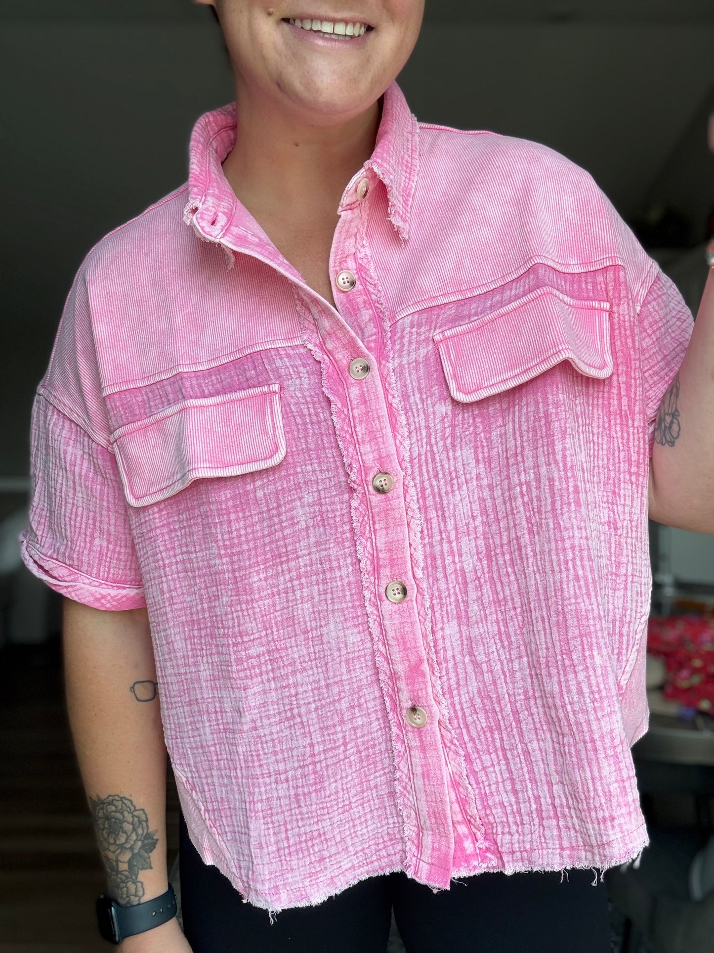Pink Short Sleeve Distressed Top