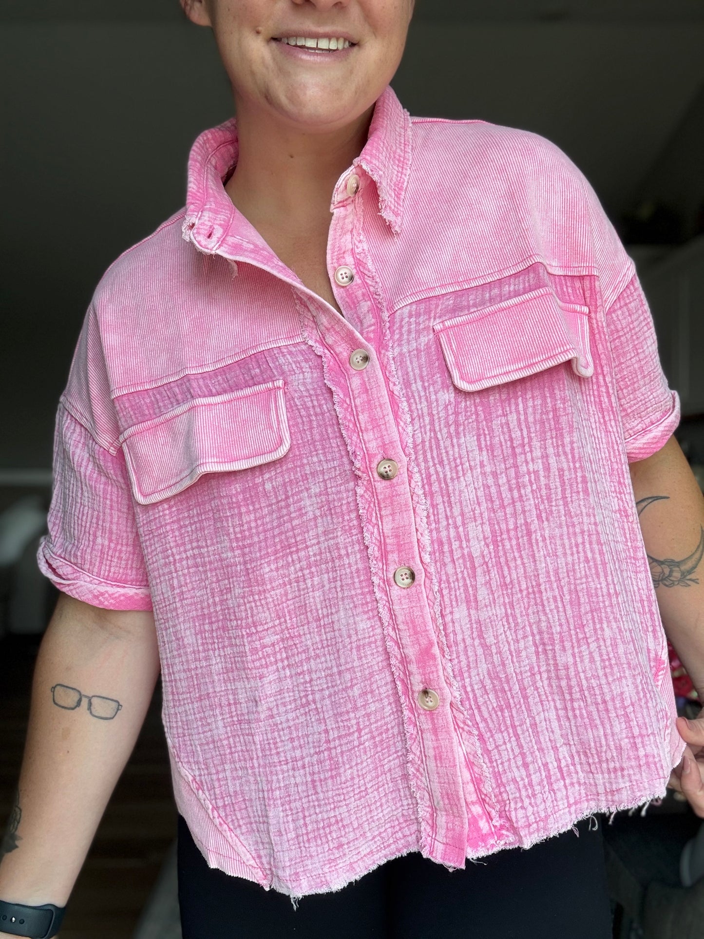 Pink Short Sleeve Distressed Top