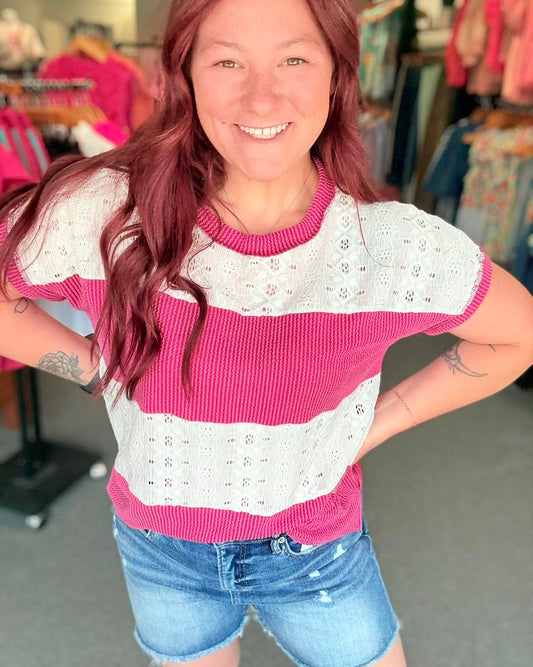 Rib Lace Contrast Short Sleeve