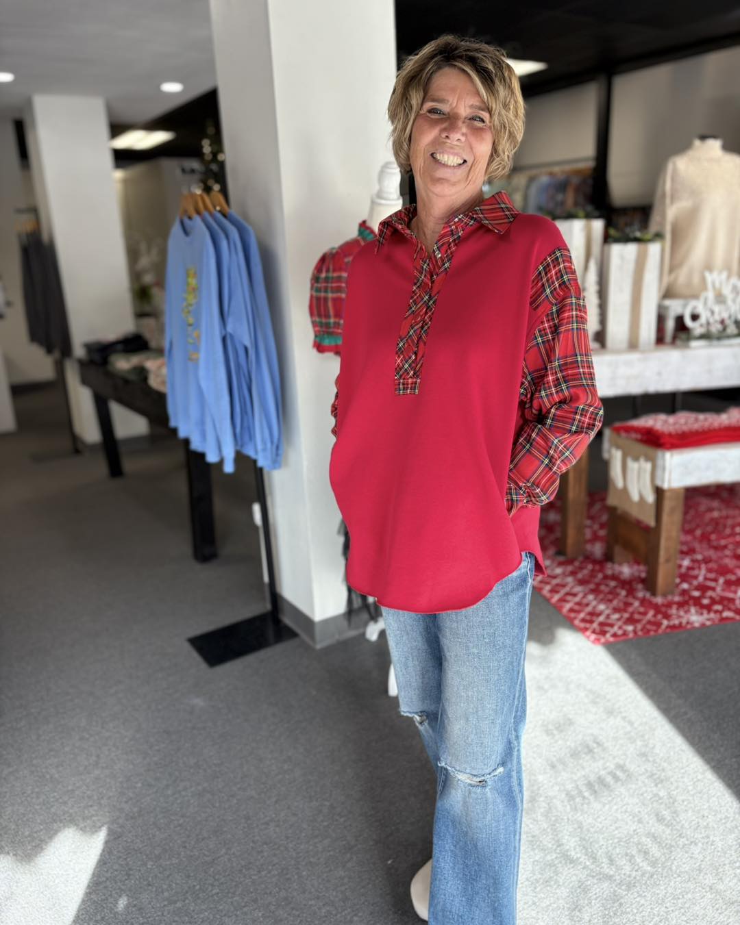 Xmas Plaid Half Button Up