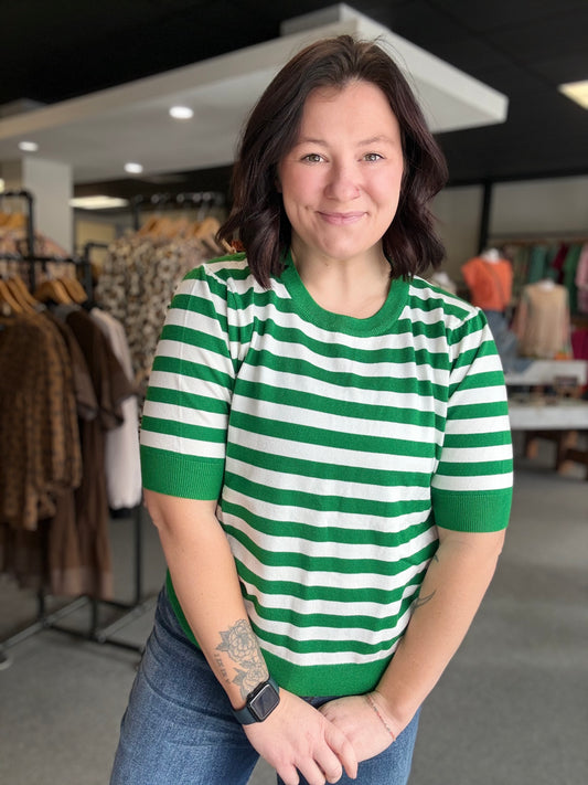 Green and White Puff Sleeve