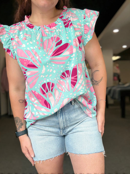 Blue/Pink Floral Ruffle Sleeve