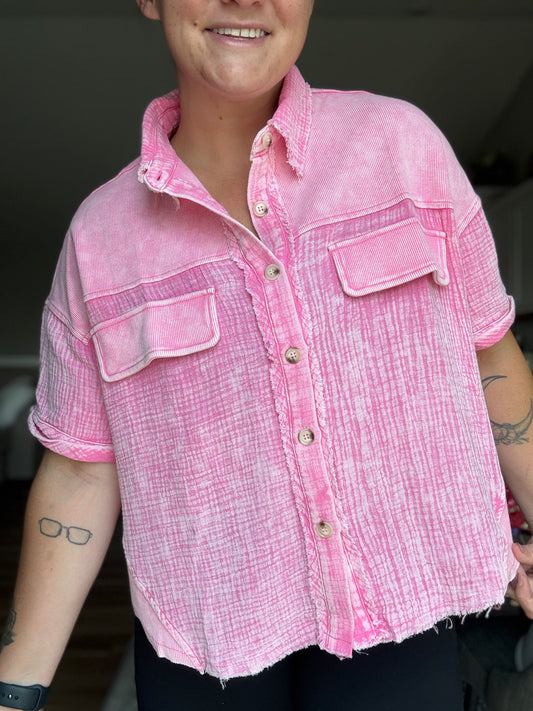 Pink Short Sleeve Distressed Top